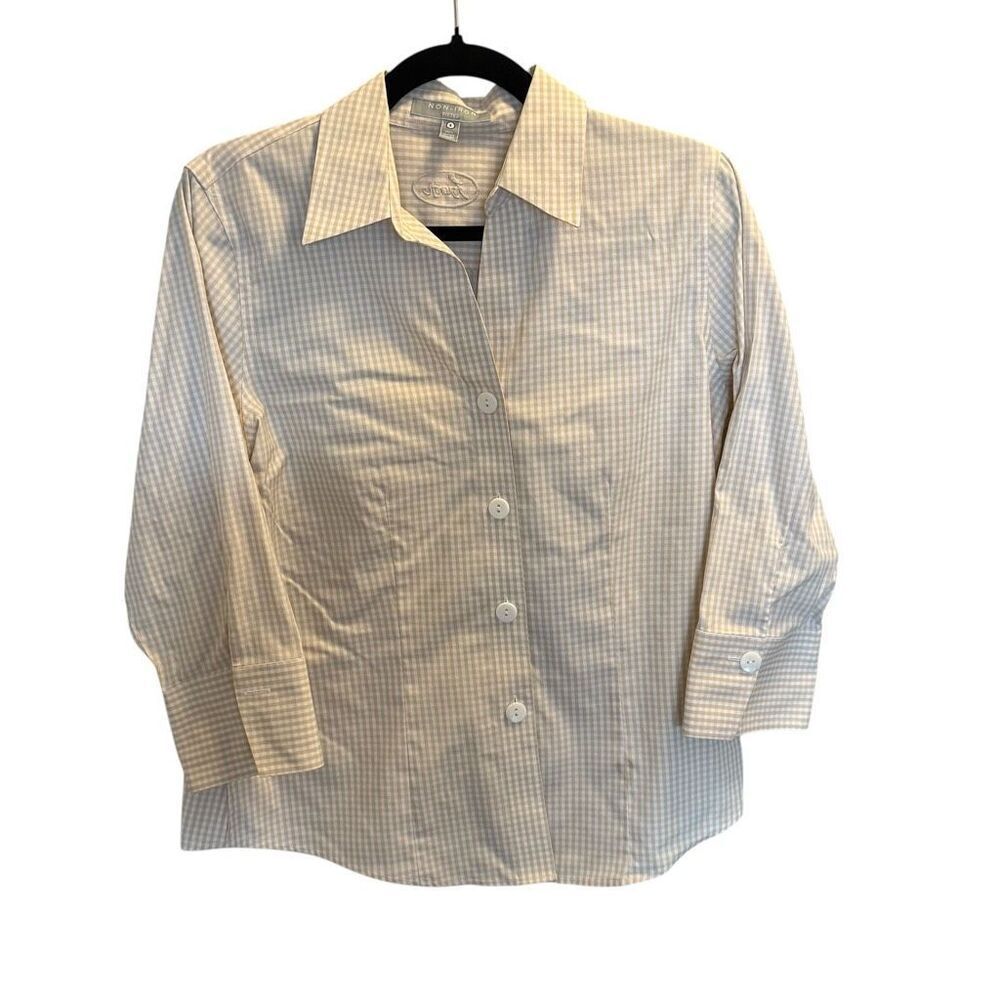 Foxcroft Beige and White Gingham Button-Down Shirt